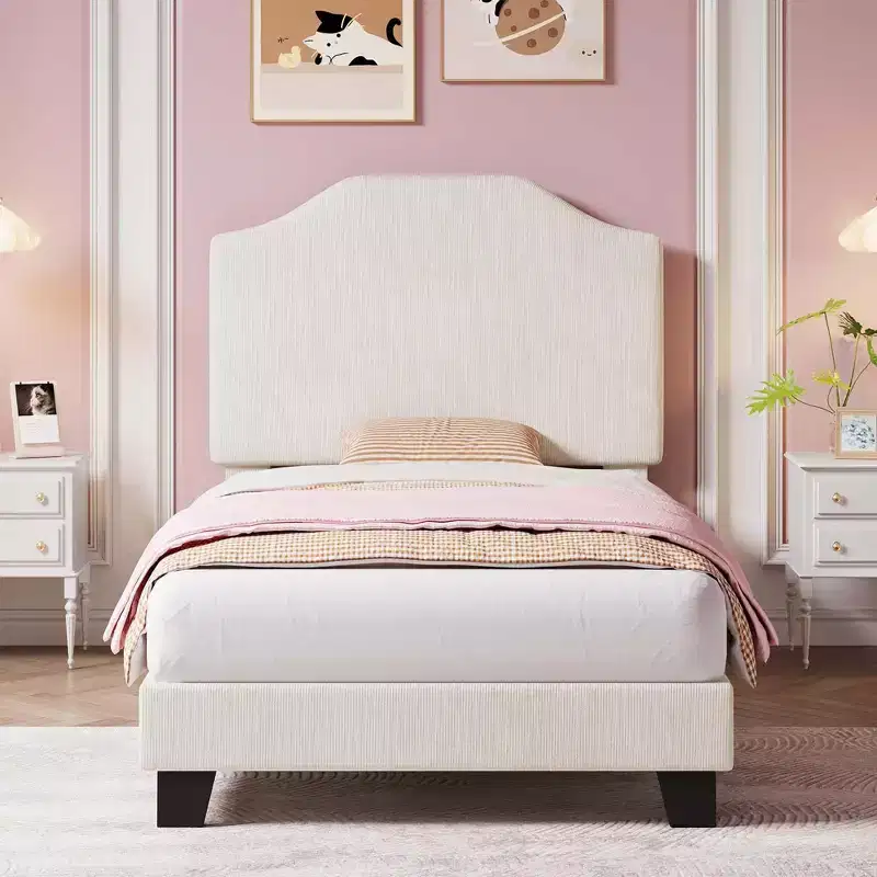 Twin Size Upholstered Bed Frame with Adjustable Headboard - Corduroy Fabric, Wooden Slats, Noise-Free