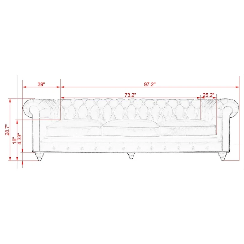 Pasargad Home Paris Club Chesterfield Tufted Sofa, Brown - 28.7 H x 97.2 W x 39 D