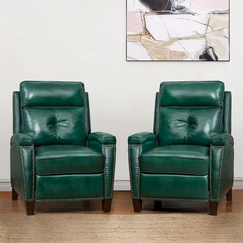 Gaspar Mid-Century Modern Genuine Leather Pushback Recliner with Wood legs Set of 2 by HULALA HOME