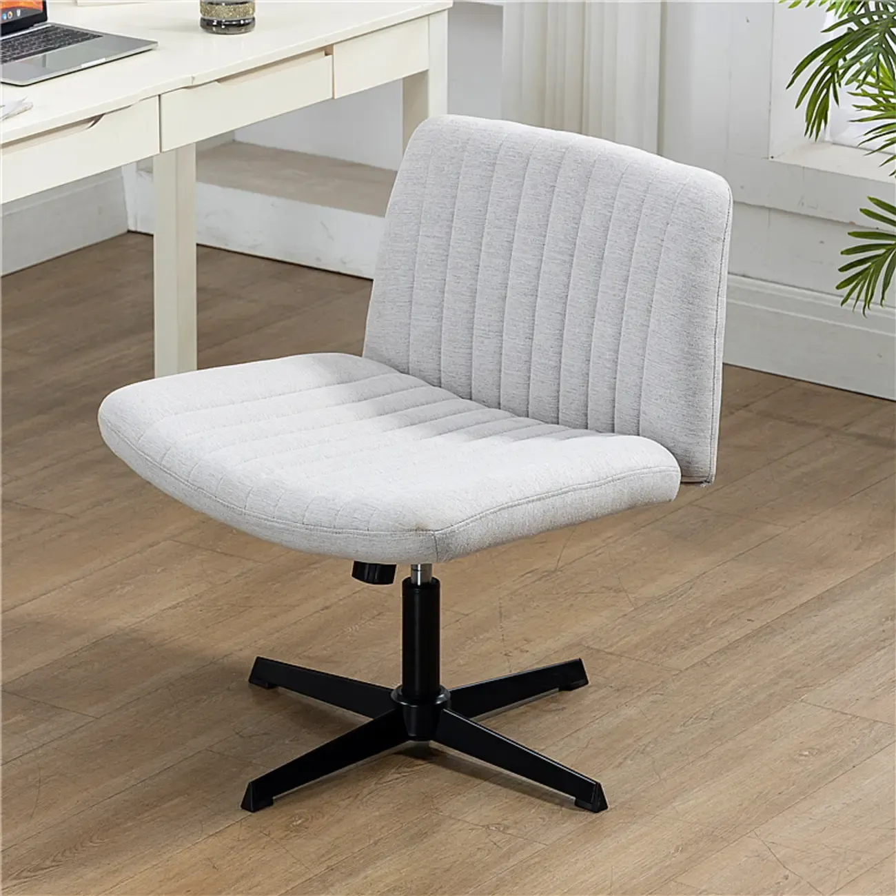Low-Back White Upholstered Adjustable Swivel Office Chair