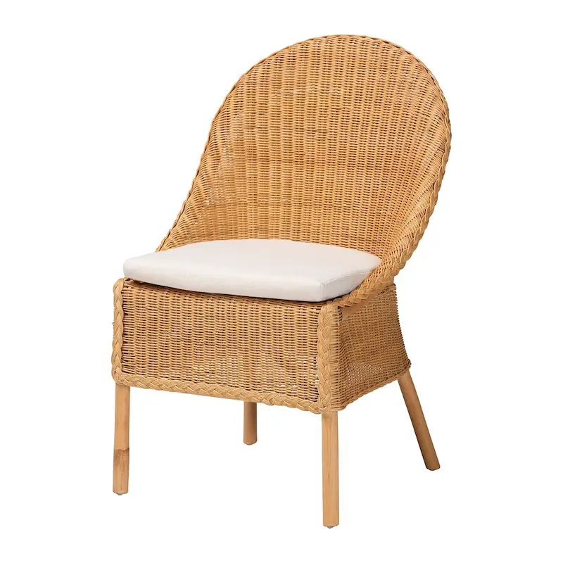 Bohemian Rattan Dining Chair - Handcrafted Natural Wicker, Wingback Design, Light Honey, Removable Cushion