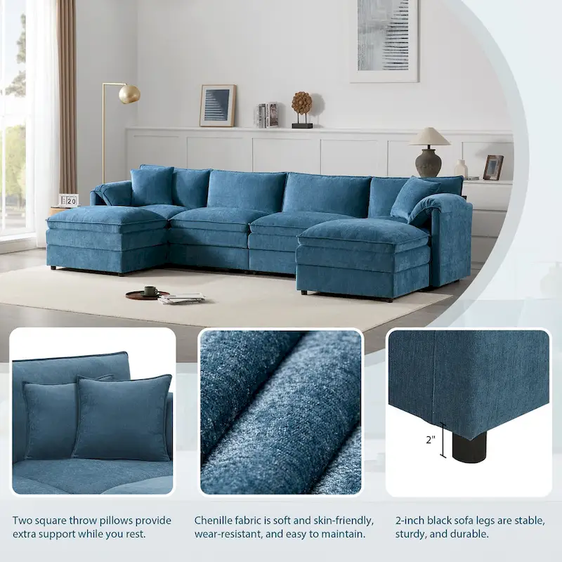 136 U-Shaped Chenille Cloud Sectional Sofa with Dual Ottomans