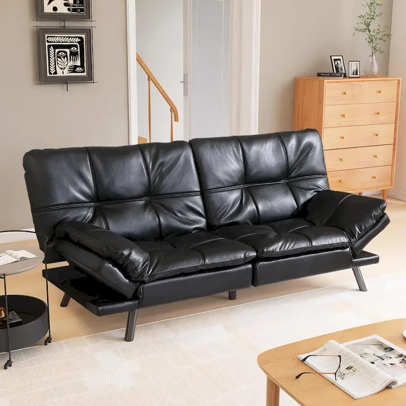 Brown / Black Faux Leather Convertible Futon Sofa Bed with Split Adjustable Backrest – 2 Person