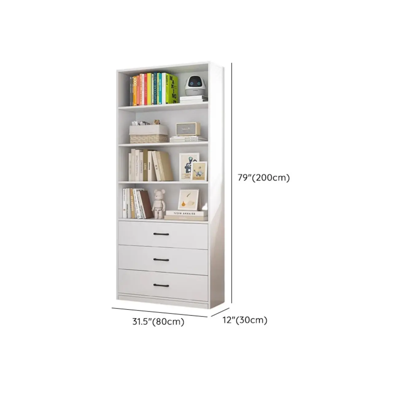 Narrow Modern Nut-Brown Wooden 3-Shelf Bookcase with Cabinet