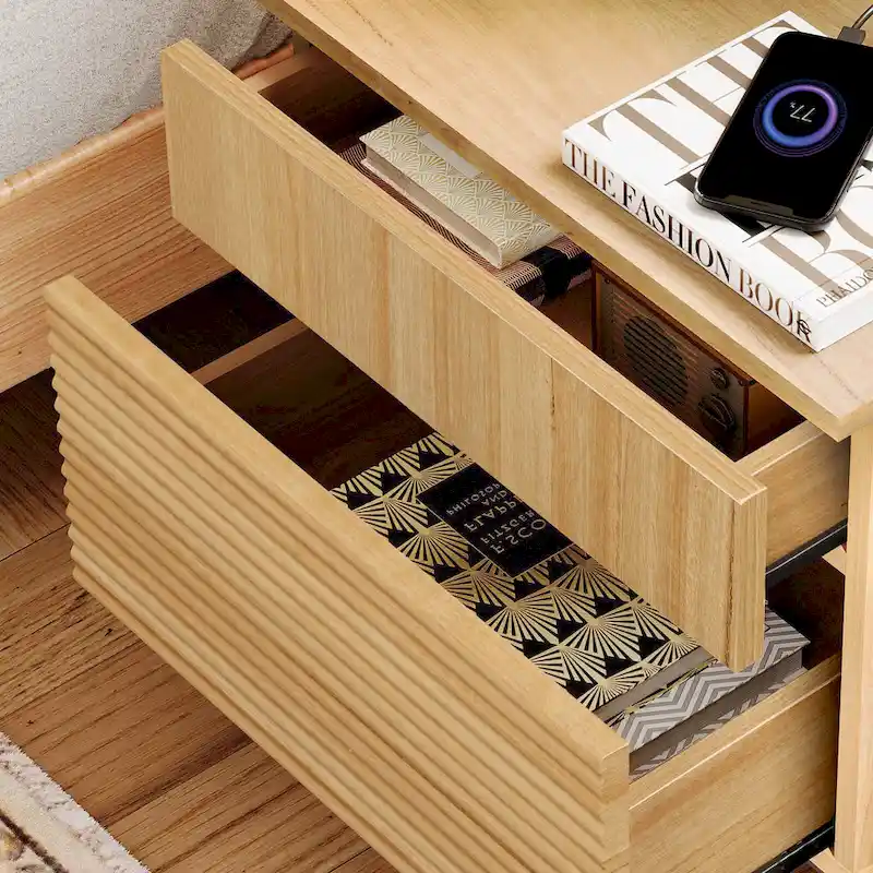 WAMPAT Fluted Nightstand with Charging Station,Modern Side Table with 2 Drawers