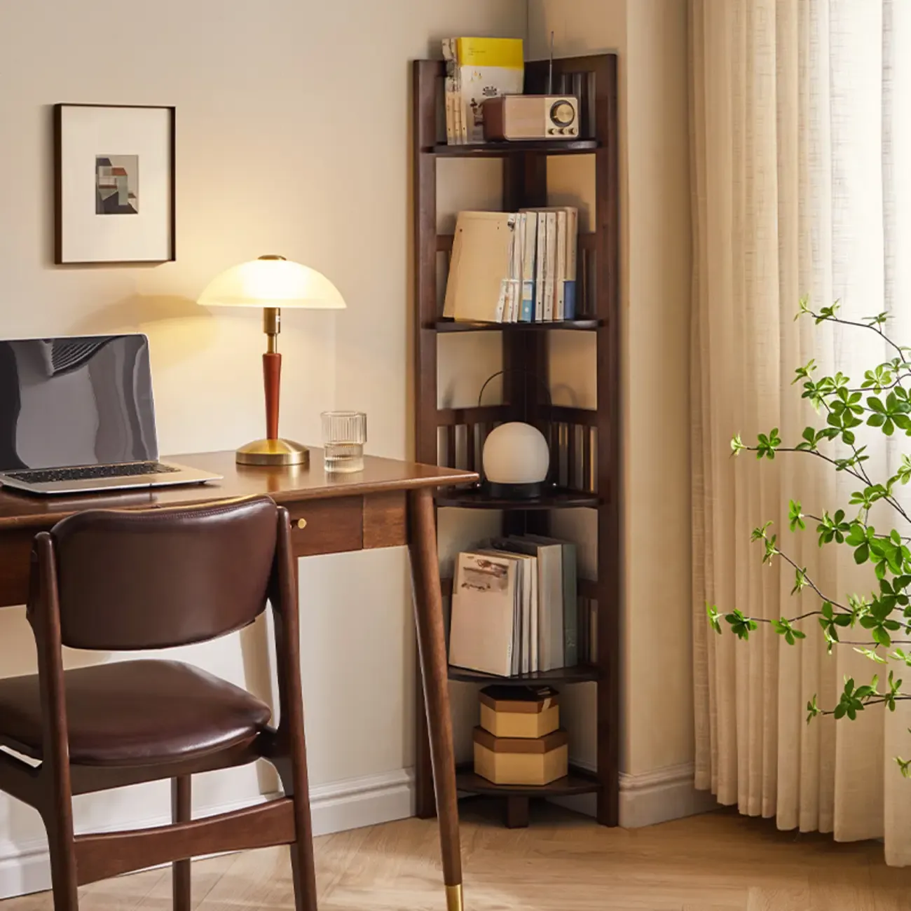 Narrow 5-Tier Nut-Brown Wood Open Corner Bookcase