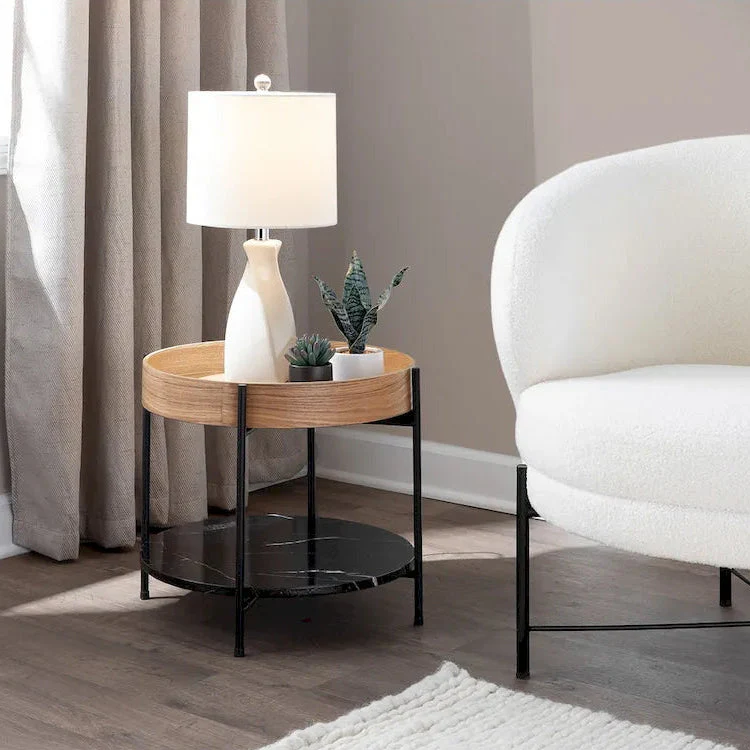 Natural Wood Round End Table with Black Metal Frame and Marble Shelf