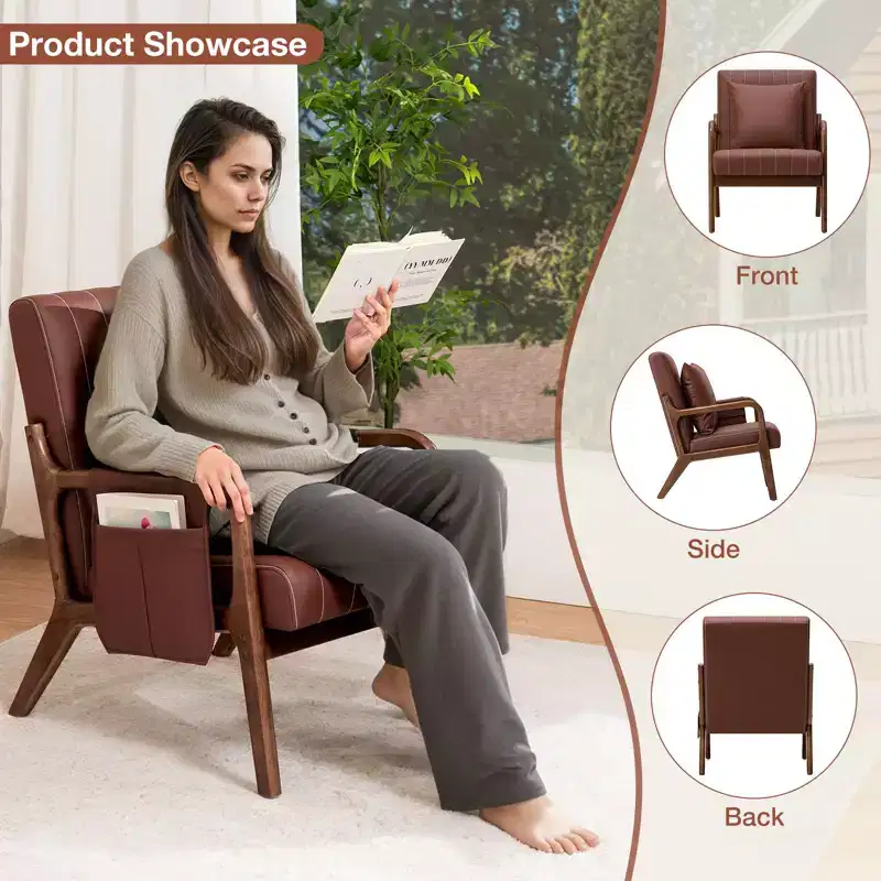 Hommpa Mid-century Accent Chair Ergonomic Leather Armchair with Wood Frame & Lumbar Pillow Brown