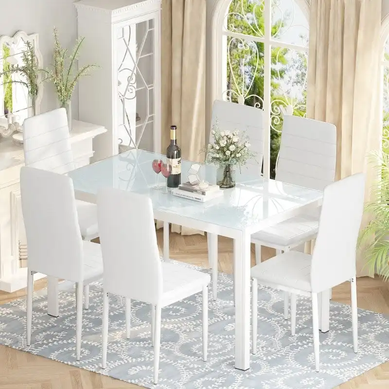 Grondin Modern Style 7-Piece Dining Room Table Set with Tempered Glass Tabletop and 6 PU Leather Upholstered Chairs