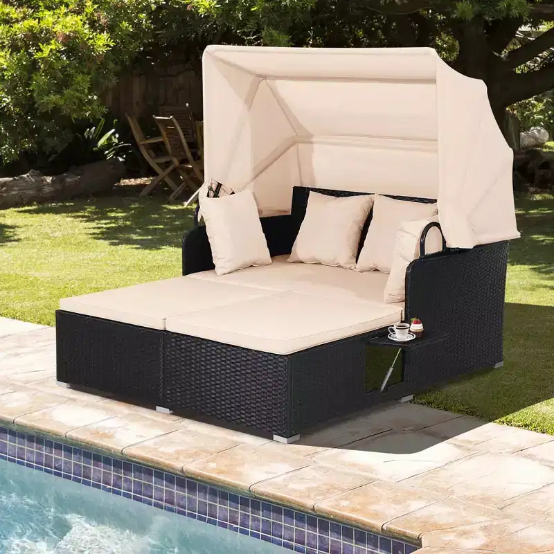 Costway Patio Rattan Daybed Lounge Retractable Top Canopy Side Tables Cushions Off White/Red/Turquoise/Beige