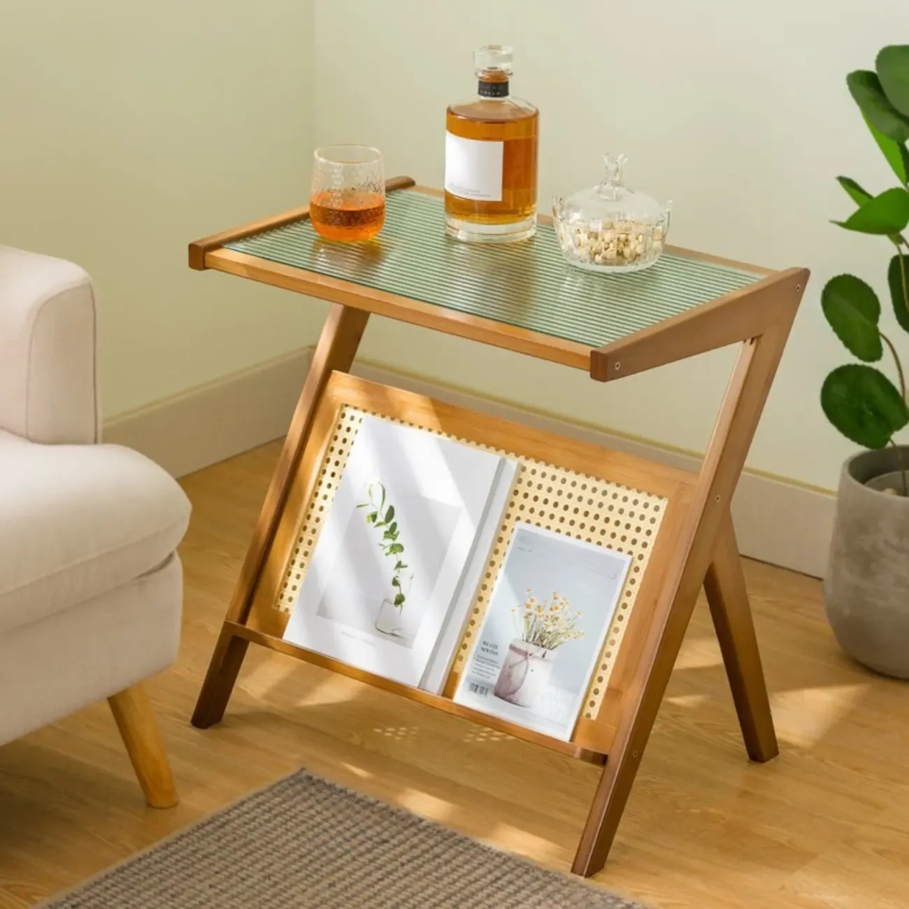 Glass and Wood Modern Foldable End Table with Rack