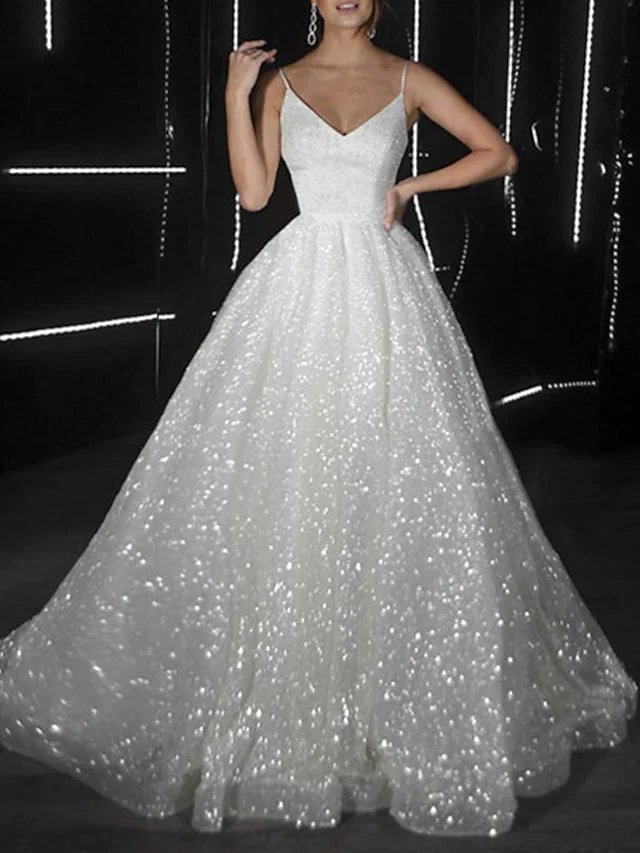 Ball Gown Prom Dresses Glittering Dress Wedding Party Court Train Sleeveless Spaghetti Strap Tulle with Sequin