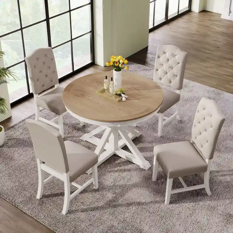 Dining Table Set with Extendable Table and 4 Upholstered Chairs