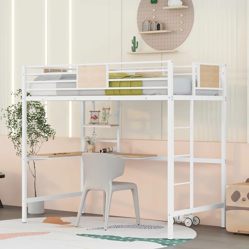 White Twin Size Metal Loft Bed with Desk and Shelves for Kids