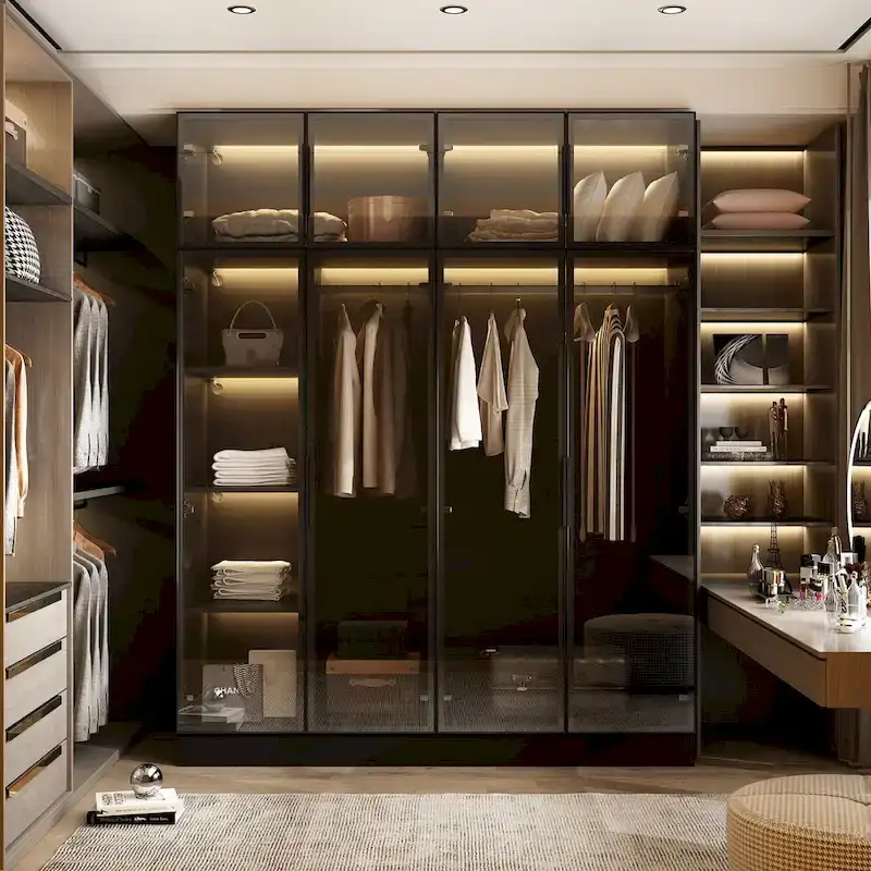 Elegant Black Wardrobe with LED Lighting and Tempered Glass Doors