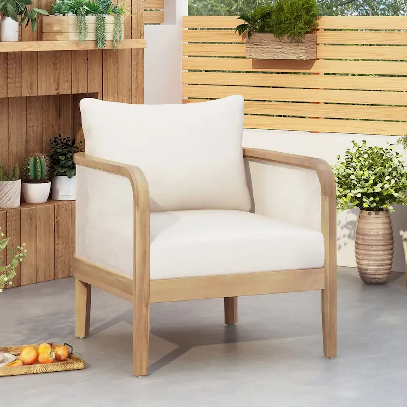 Outdoor Acacia Wood Patio Club Chair, Textilene Patio Furniture,Waterproof Thick Cushion Deep Seating for Porch, Garden