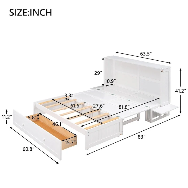White Queen Wall Murphy Bed with Drawer & Side Shelves, 1-Person