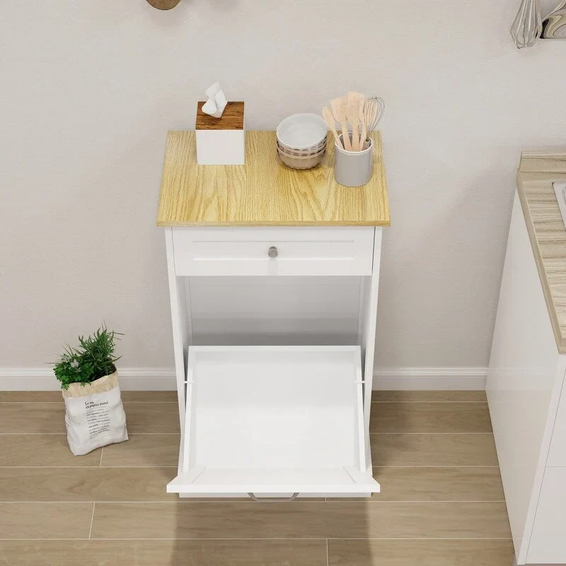 White/Black Tilt-Out Trash Cabinet with Drawer, Single Compartment