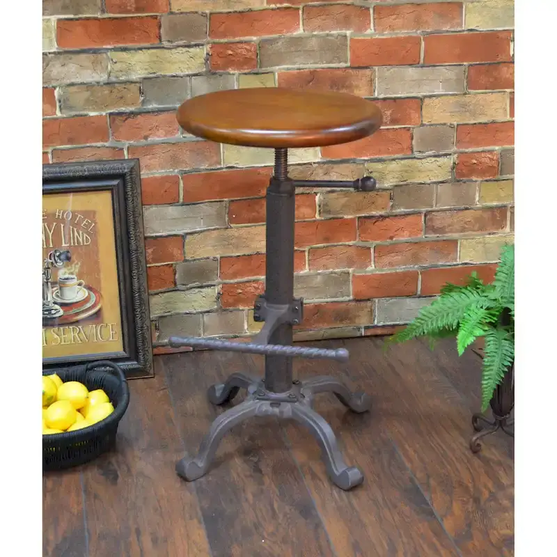 Adjustable Height Stool - Wood Seat with Cast Iron Base (Chestnut)