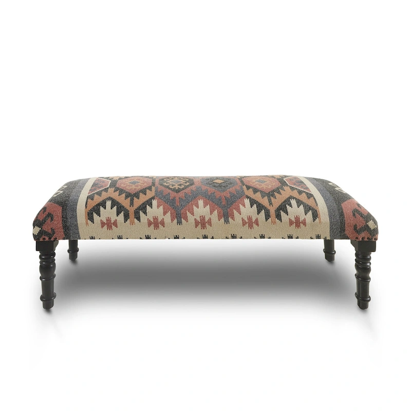 HomeRoots 47 Beige Brown and Rust and Black Jute and Wool Blend Upholstered Southwest Distressed Bench - 47 x 18 x 16