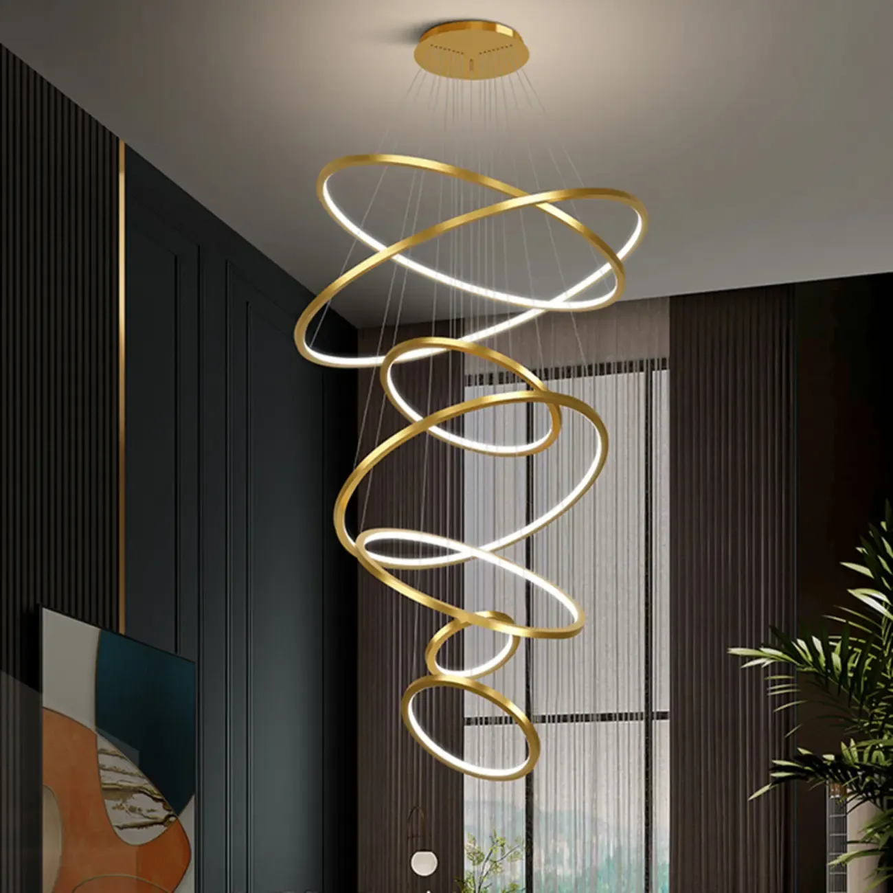 Modern Gold Ring Stairwell Chandelier Warm Light LED