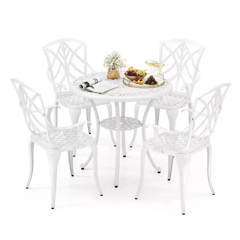 Costway 5 PCS Patio Cast Aluminum Bistro Set Dining Table & Chair with Umbrella Hole