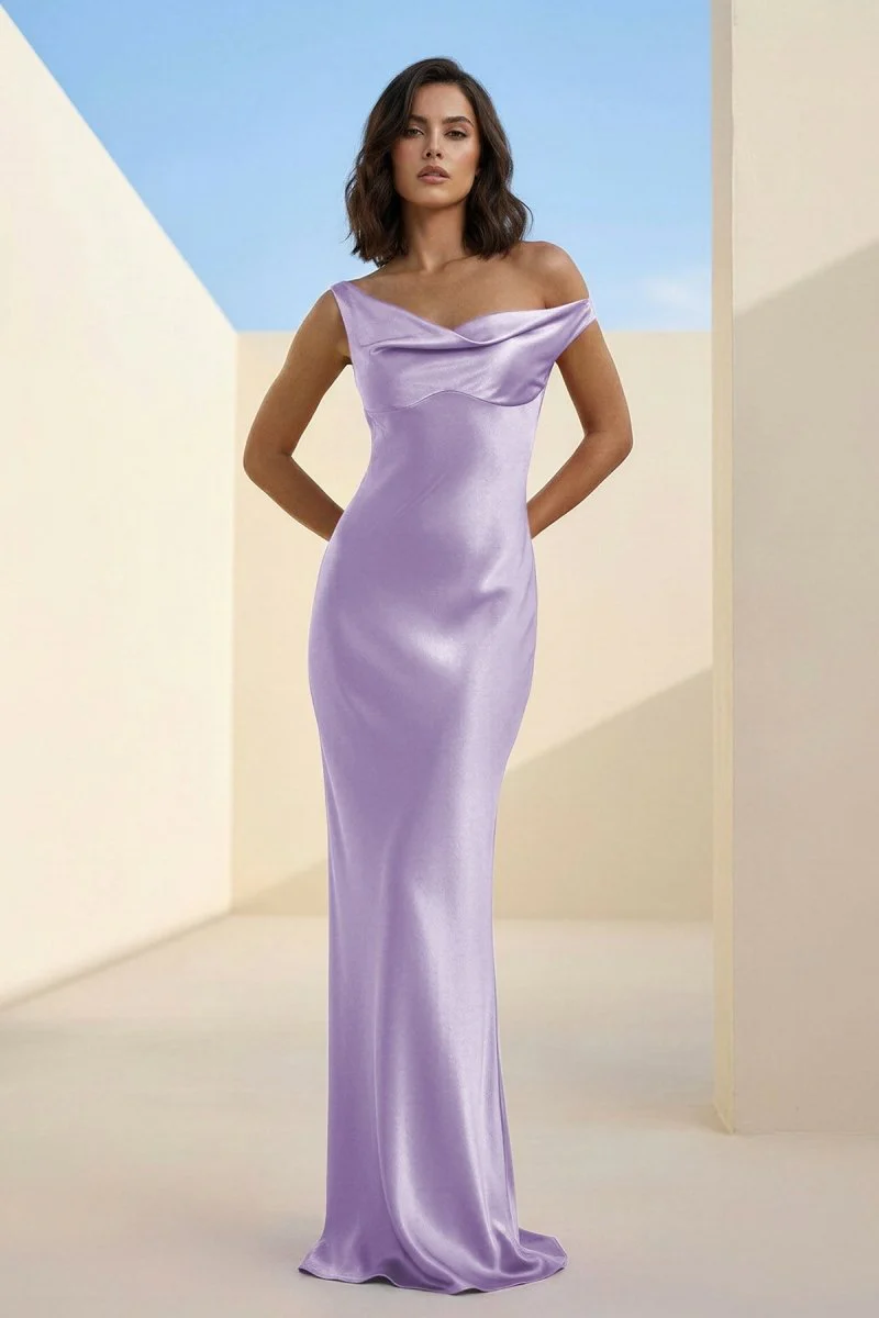 Fuchsia - One Shoulder Sheath Satin Long Prom Dresses