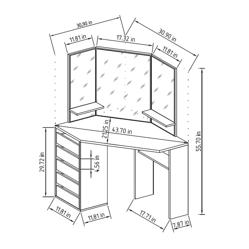 Corner Makeup Vanity - Black - 3-Panel Mirror with Storage