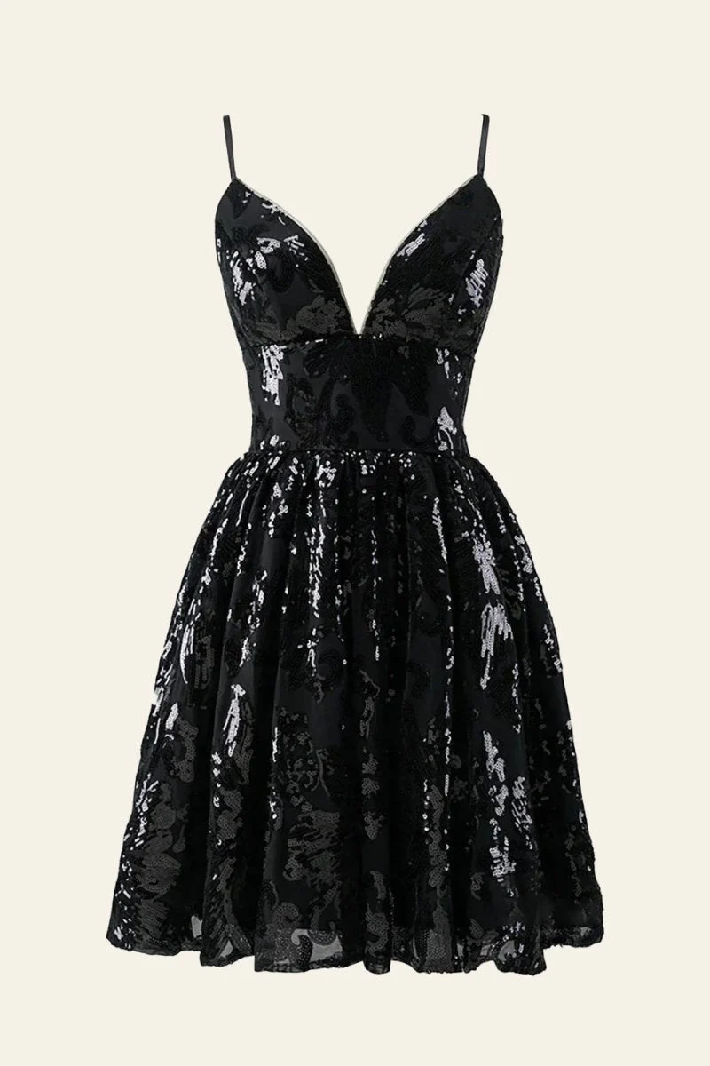A-line Spaghetti Straps V Neck Lace Homecoming Dress