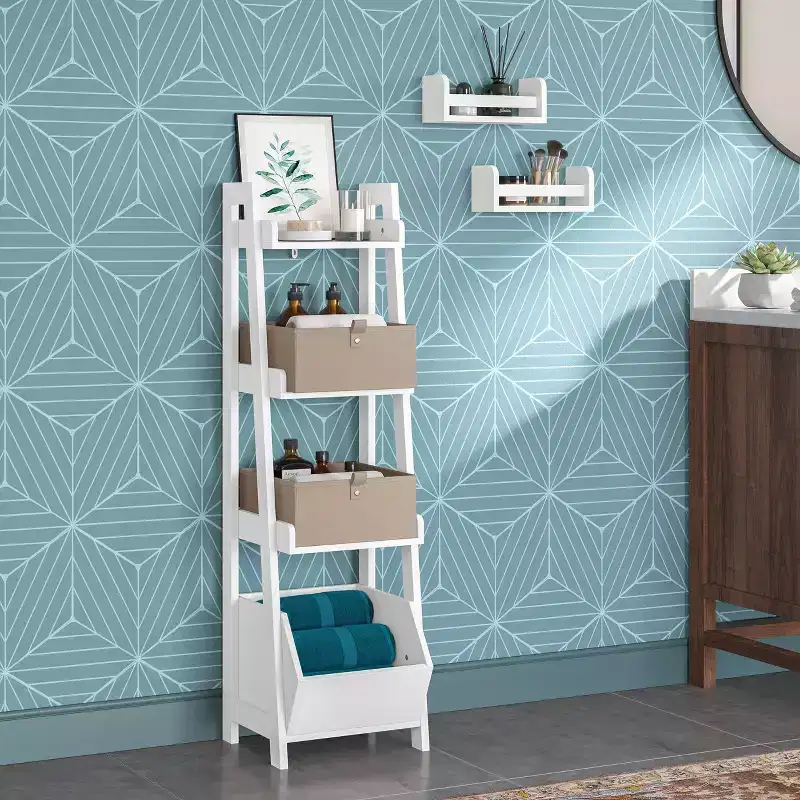 RiverRidge Amery 4-Tier 13" Ladder and Display Shelves with Storage Organizer Bin White
