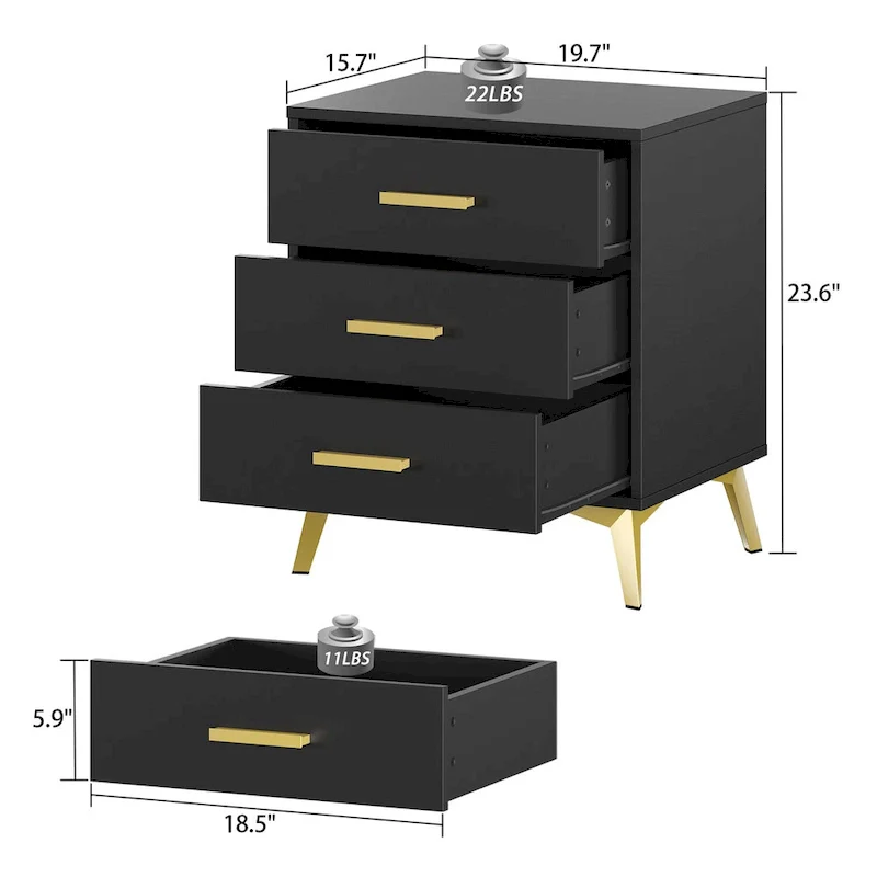 3-Drawer Nightstand with Metal Frame and Tapered Legs