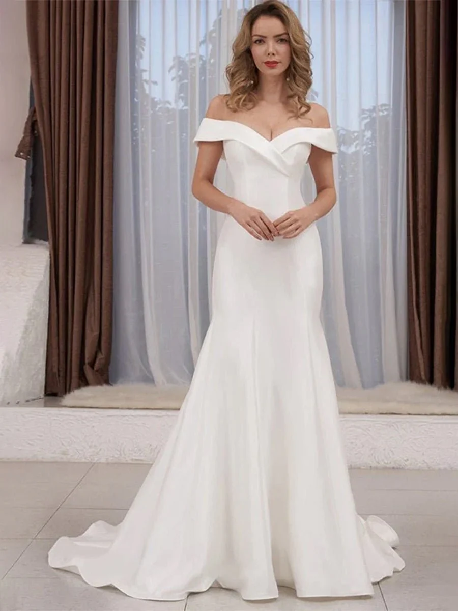 Chic Satin Off the Shoulder Sleeveless Sweep-Train Bridal Dress