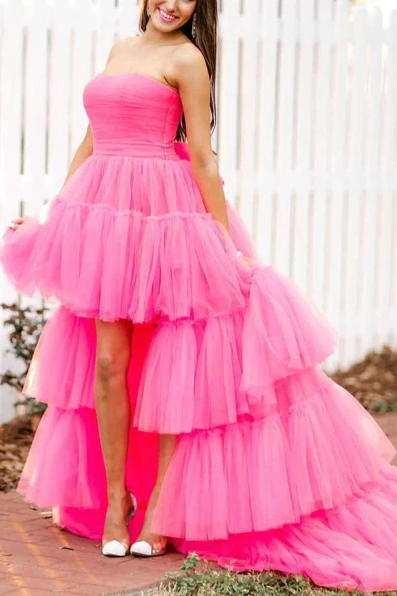 A-line High Low Strapless Tulle Prom Dress with Ruffles