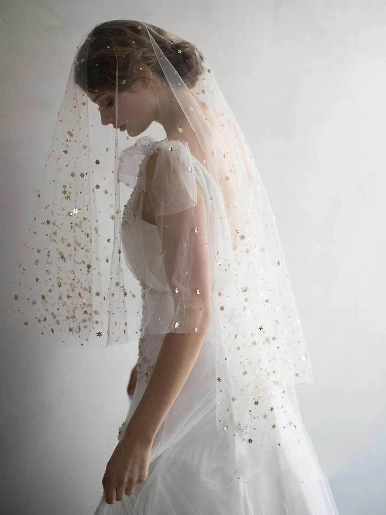 Shiny Bridal Veils with Gold Star Sparkly Wedding Veil