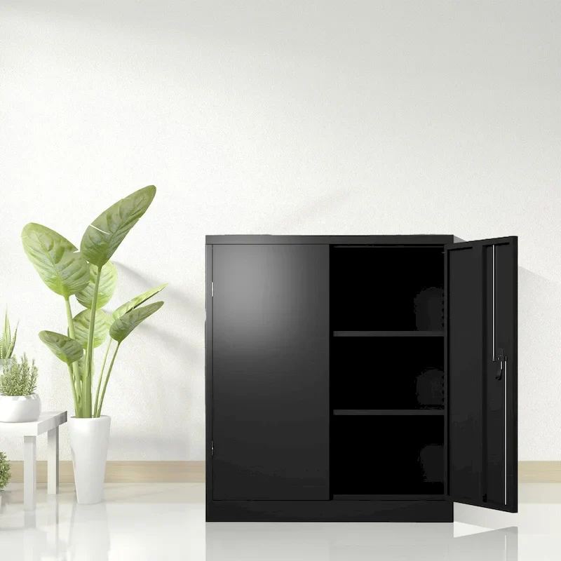Black Steel Storage Cabinet, 2-Door Lockable, 2 Adjustable Shelves, 1-Person Assembly