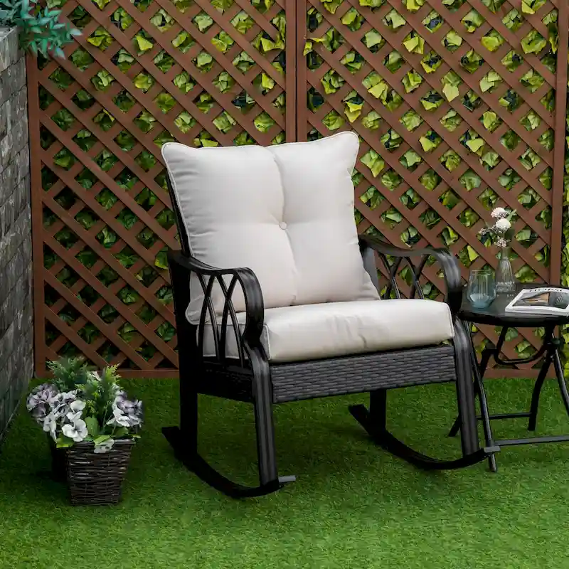 Outdoor Wicker Rocking Chair with Padded Cushions, Armrest