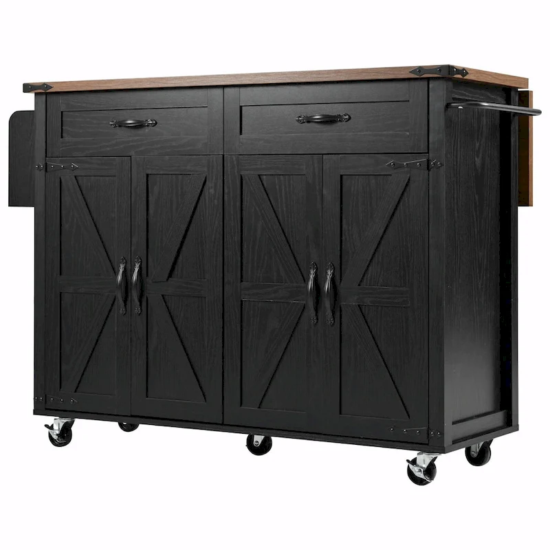 53.5 Farmhouse Kitchen Island - Power Outlet, Drop Leaf, Spice Rack, Drawer, Rolling Cart on Wheels