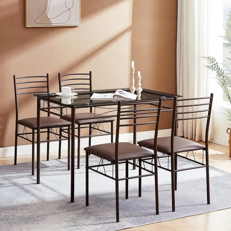 5-pieces Modern Dining Sets,Tempered Glass Table Top and 4 PU Chairs