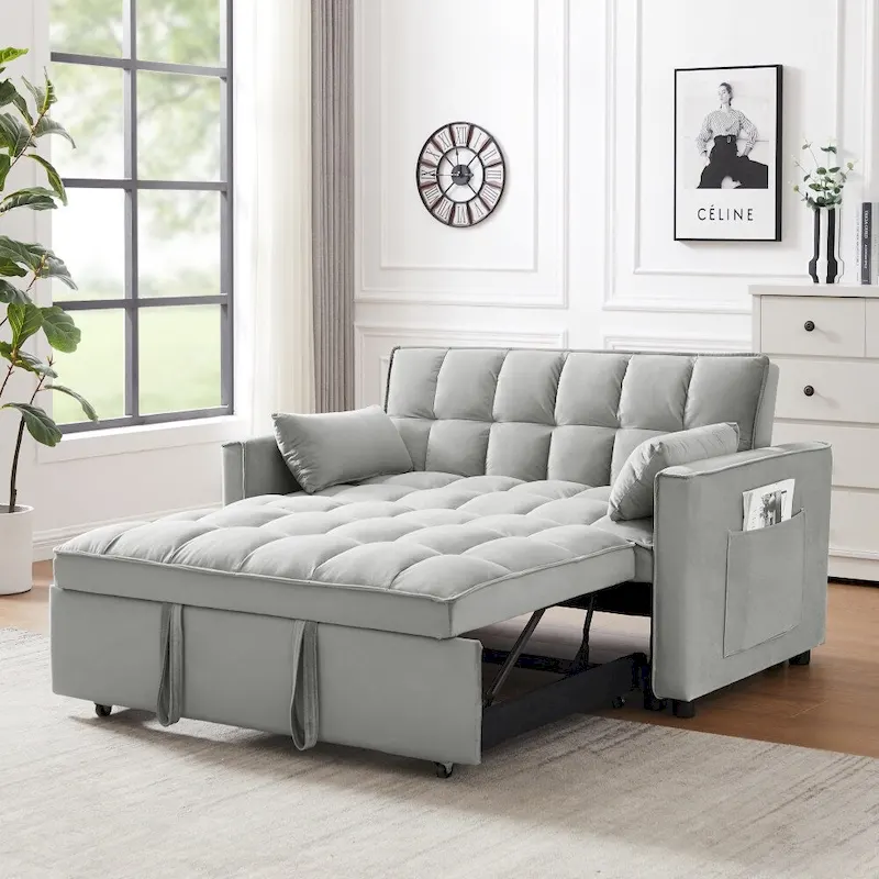 3 in 1 Convertible Velvet Sofa Couch w/Pullout Bed and Reclining Backres
