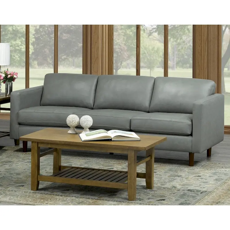 Mid Century Modern Grey Top Grain Italian Leather Tufted Sofa and Loveseat