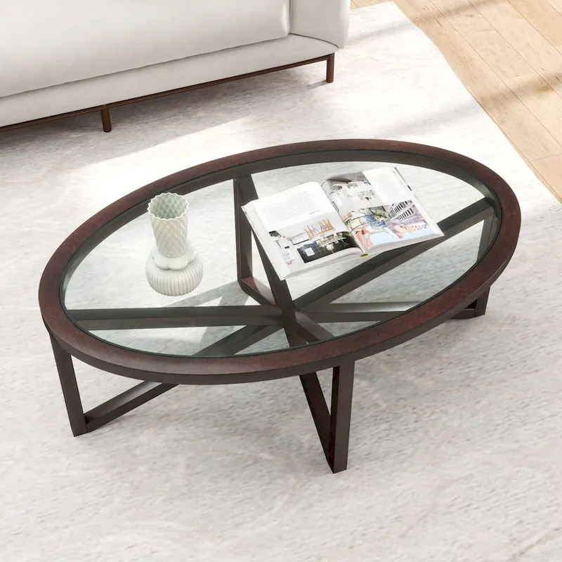 Glass Top Side Table with Wooden Base