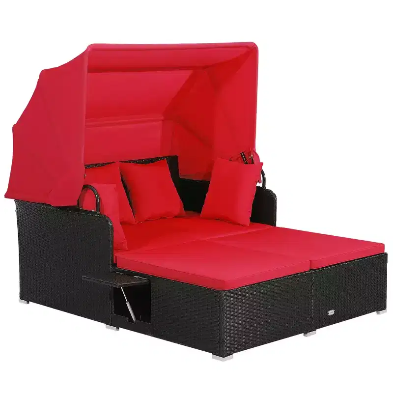 Costway Patio Rattan Daybed Lounge Retractable Top Canopy Side Tables Cushions Off White/Red/Turquoise/Beige