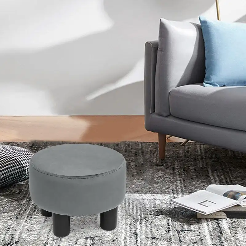 Velvet Round Footrest Ottoman – Grey / Orange / Black&Blue / Red / Yellow, 1-Person