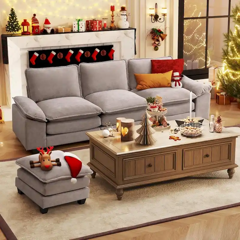 Beige L-Shape Sectional Sofa with Ottoman, 3-Seater