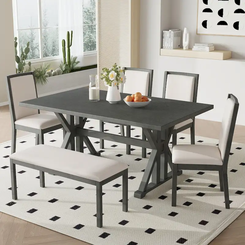 Farmhouse Style 6-Piece Dining Table Set with 4 Upholstered Dining Chairs and Bench
