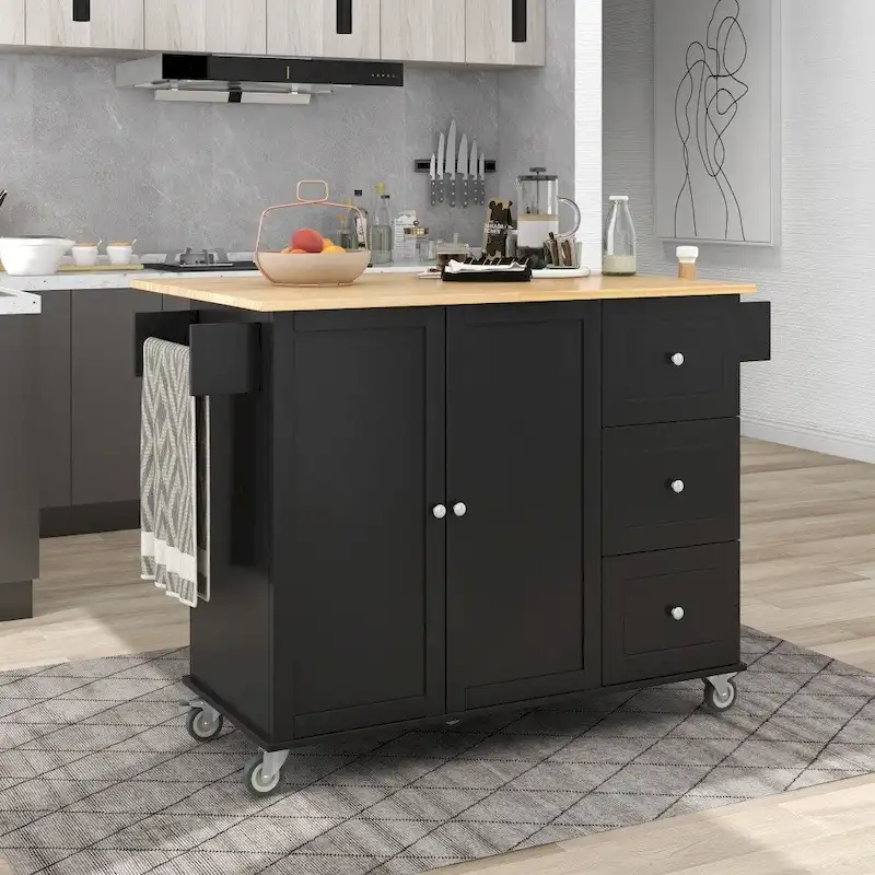 52.7 Rolling Mobile Kitchen Island with Solid Wood Top