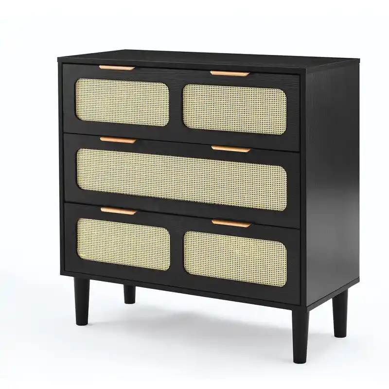 Grondin Mid-Century Modern Boho Style 3 Rattan Drawers Chest with MDF Frame and Solid Wood Legs, Chest of Drawers