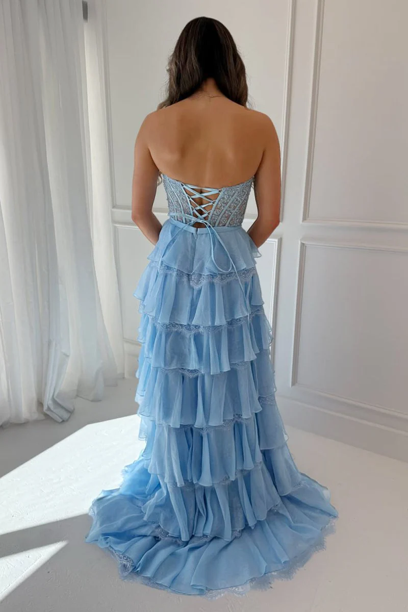 Sky Blue - Strapless A Line Chiffon Tiered Prom Dresses With Bow