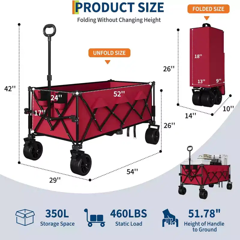 COZONY 52 Foldable Beach Wagon, 460 LBS Capacity, Terrain Collapsible Cart With Cup Holders