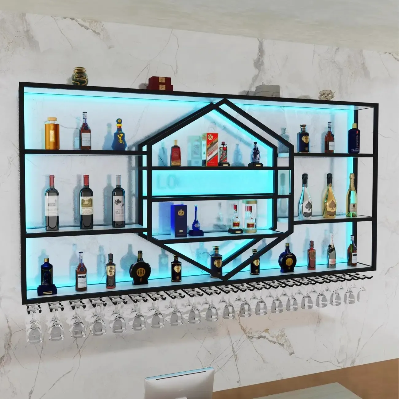 Geometric Metal Black Floating Wine Rack with Light